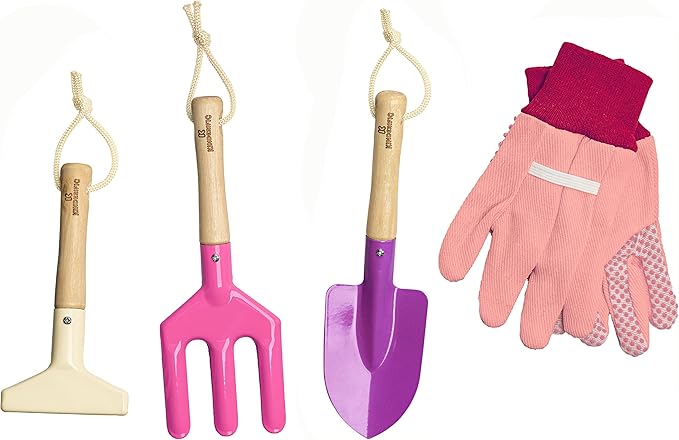 Gardening Set, Tool Kit, for Kids, STEM, Includes Tote Bag, Spade, Watering Can, Rake, Fork, Trowel and Gloves (Princess Pink)