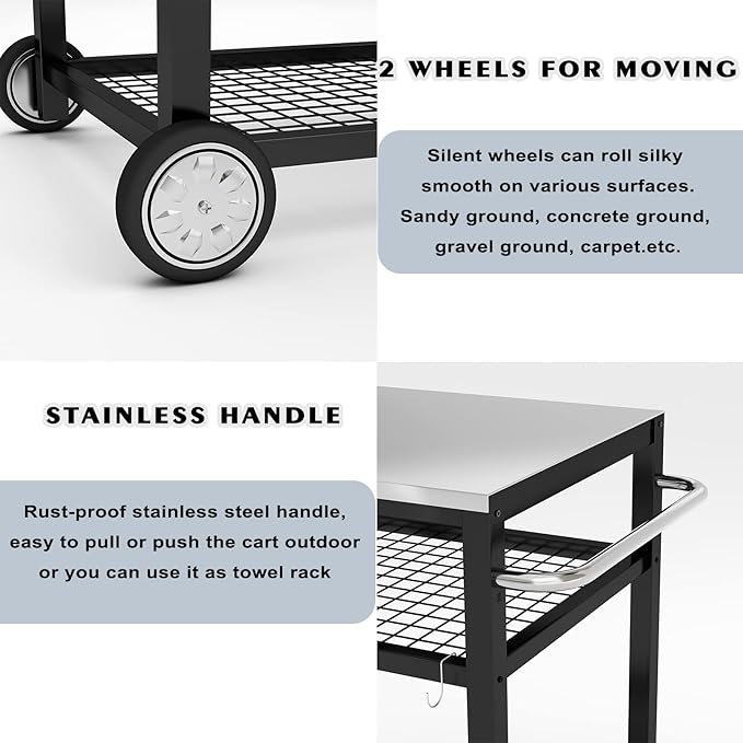 Movable Food Prep and Work Table Stainless Steel Grill Cart Modular Table with Wheels and Handle Double-Shelf Commercial Kitchen Tables Heavy Duty Pizza Oven Stand Outdoor