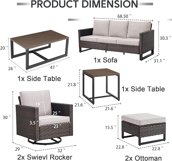 7 Piece Wicker Patio Furniture Set - Outdoor Swivel Rocker Chairs Set with Coffee Table, Side Table, 3 Seat Sofa & Ottomans, Small Patio Conversation Sets for Balcony Deck - Brown/Beige