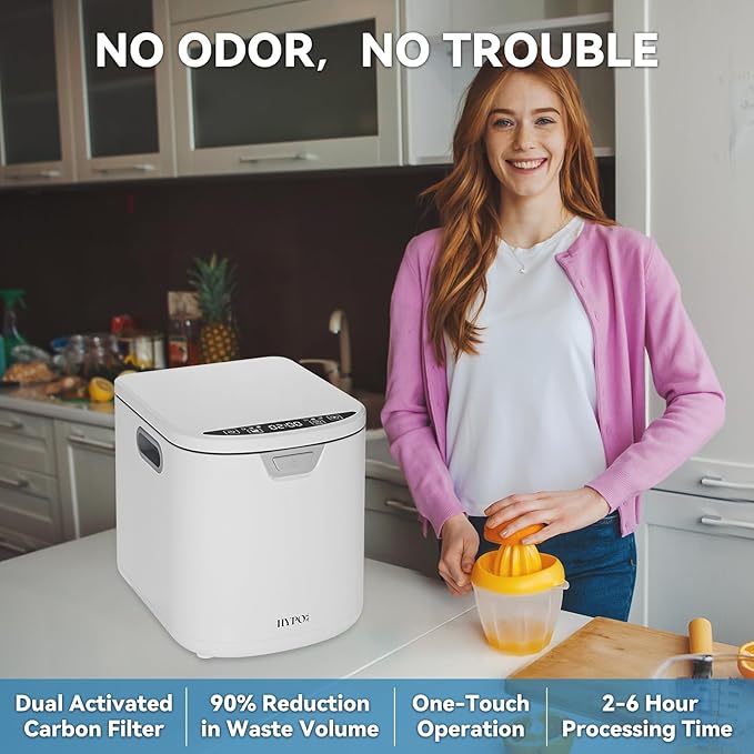 3.5L Electric Composter for Kitchen, Smart Compost Bin, Odorless Indoor Composter with 2 Detachable Carbon Filter, Turns Waste Into Dry Fertilizer, One-Touch Operation, White