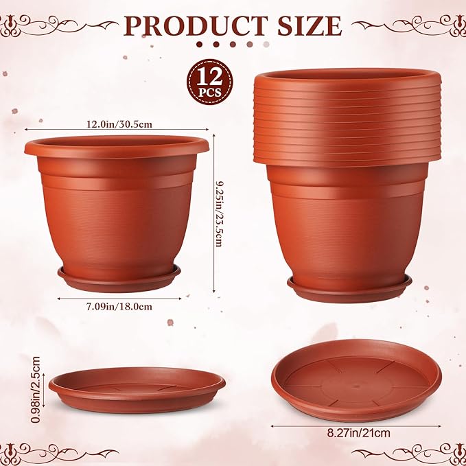 12 Pack 12'' Plastic Plant Pots Round Planter Pots with Saucer Tray Seedling Pots with Holes Seed Resin Plant Pot Starting Nursery Flower Container with Pallet for Garden Outdoor Indoor