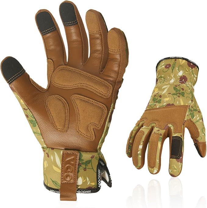 Vgo... 1Pair Gardening Gloves for Women, Goatskin leather Thorn Proof Working Gloves for Weeding, Digging, Raking, Pruning and Planting,Touchscreen (M,Light Green,GA7471)