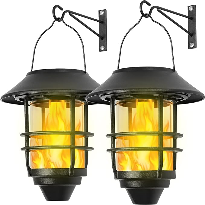 Solar Hanging Lantern Outdoor, Flickering Flames Outdoor Lights,Solar Lights Waterproof for Wall Fence Patio Porch Yard,2 Pack