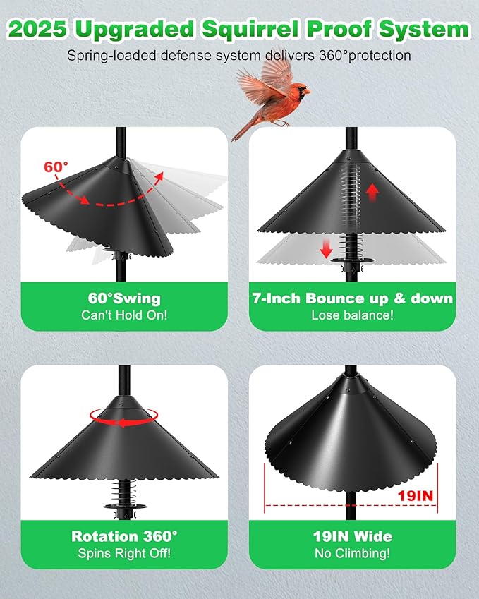 Metal Squirrel Baffle - Heavy Duty Squirrel Baffle for Bird Feeder Pole - Chew Proof Squirres Guard with Spring for Better Defense, Outside Pole Mount for Bird Feeder, 19 Inch