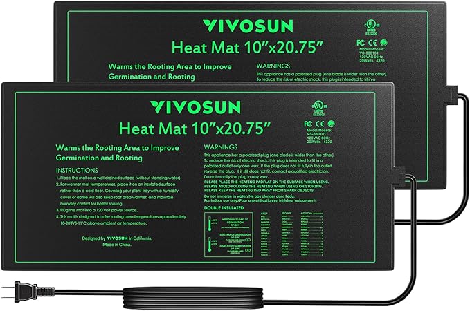 VIVOSUN 2 Pack Durable Waterproof Seedling Heat Mat 10" x 20.75" UL & MET-Certified Warm Hydroponic Heating Pad for Germination, Indoor Gardening, Greenhouse
