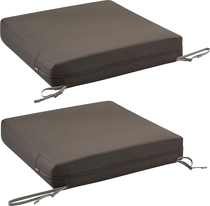 Classic Accessories Ravenna Water-Resistant 25 x 25 x 5 Inch Square Patio Seat Cushion Slip Cover & Foam, Dark Taupe, Lounge Chair Cushion