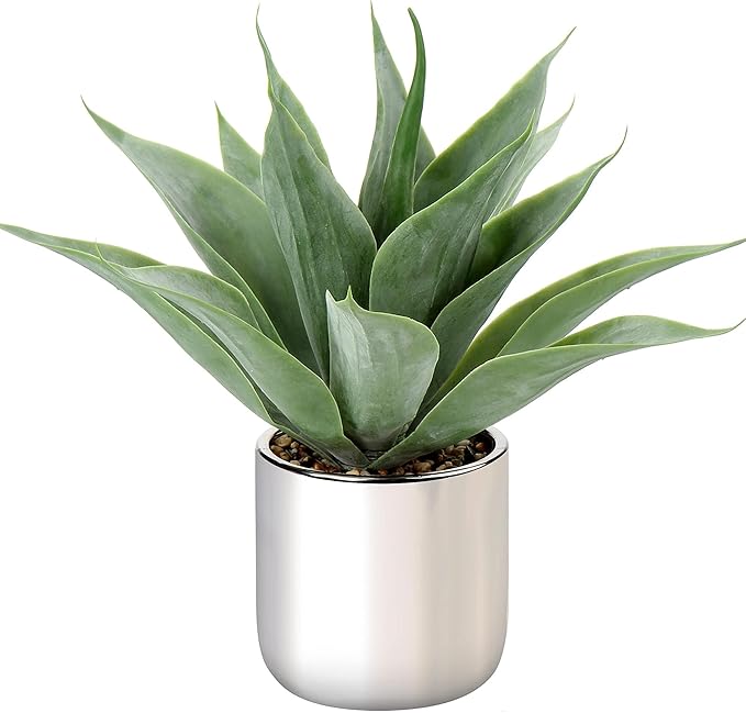 Large Agave Plant Artificial Succulent 13" Fake Aloe Vera Plant in Pot Faux Agave Plants Realistic Artificial Potted Plants for Living Room Table Bathroom Shelf Office Desk Home Indoor Decor (Silver)