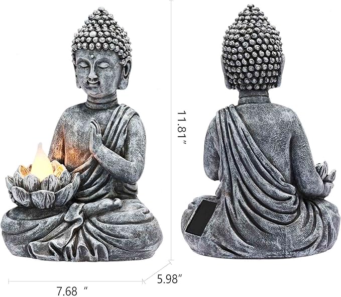 Solar Buddha Statue - Outdoor Zen Sculpture With Flickering LED Lotus Light - Waterproof Garden Decor Gift - 11.81 Inch