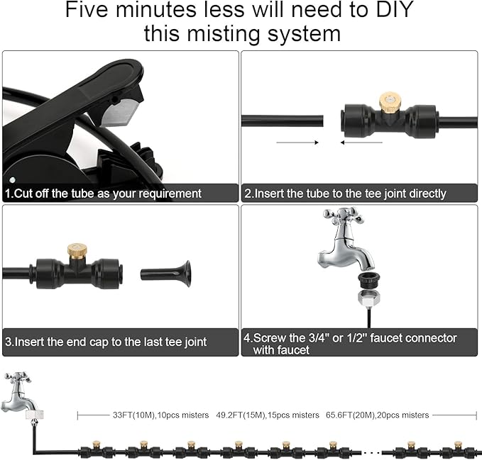 Misting Cooling System, DIY 65.6FT(20M) Misting Line +20 Brass Mist Nozzles+ a Brass Connector(3/4'') Outdoor Mister System for Patio Waterpark Garden Trampoline Greenhouse
