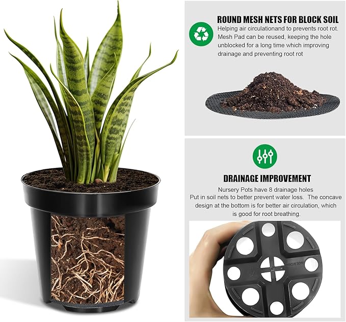 40 Pack 4 Inch Plant Nursery Pots with Mesh Pad, Sturdy Plastic Flower Planter Pots with Drainage Holes, Seed Starter Pots for Planting Seedings Cuttings Succulents Indoor Ourdoor, Black