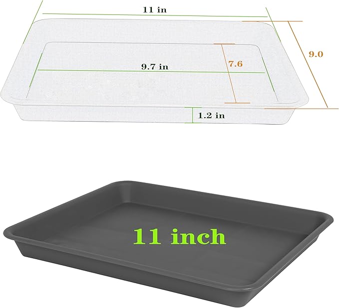 4 Pack Plant Saucer Tray Rectangular, Plant Saucers for Indoors, Heavy Sturdy Plastic Plant Drainage Trays, Plant Drip Trays for Pots, Seed Starter Growing Tray (11 x 9 inch, Gray)