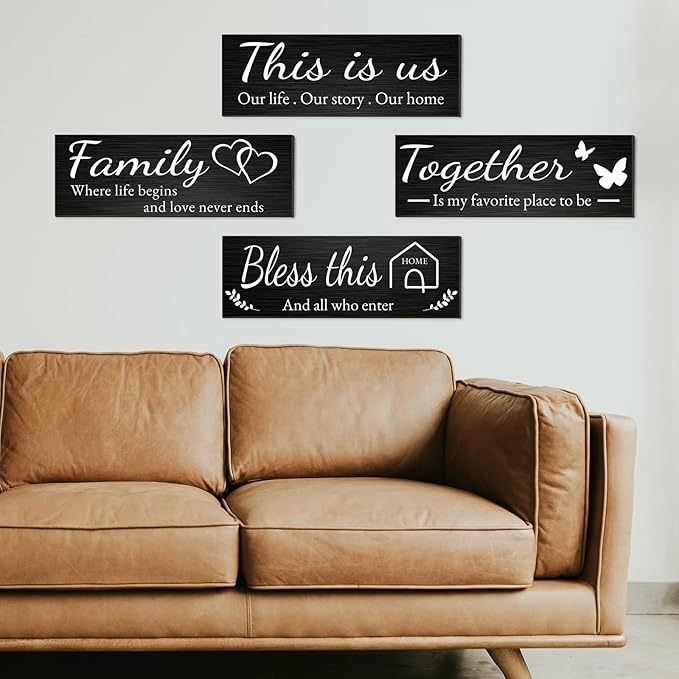 Joyhawk 4 Pieces Home Wall Decor Signs, THIS IS US/TOGETHER/BLESS THIS HOME/FAMILY Wall Decor For Living Room Bedroom, Rustic Wooden Farmhouse Wall Art Decor, 4.7 x 13.8 Inch(Black)