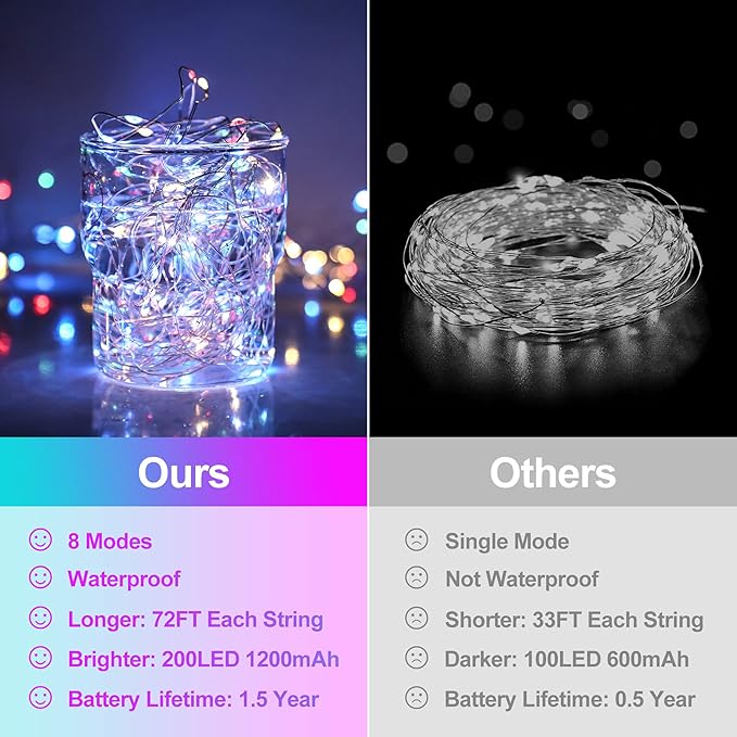 Extra-Long 288FT 800LED Solar Fairy String Lights, 4-Pack 72FT 200 LED Outdoor Twinkle Lights Waterproof, 8 Lighting Modes, Multicolor Silver Wire Lights for Deck Backyard Tree Garden Fence Pool Party