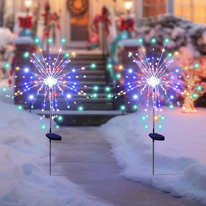 Solar Garden Firework Lights Outdoor Waterproof 4 Pack 120 LED Sparklers Solar Lights for Outside Patio Backyard Yard Pathway Walkway Decorations (Colorful)