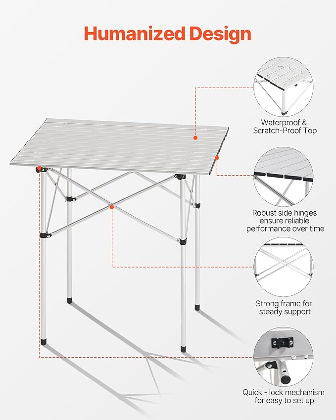 VEVOR Folding Camping Table, Portable Roll Up Side Tables, Lightweight Aluminum Beach Table with Adjustable Height, for Outdoor BBQ Tailgating Picnic, Travel (28 inch-Silver)