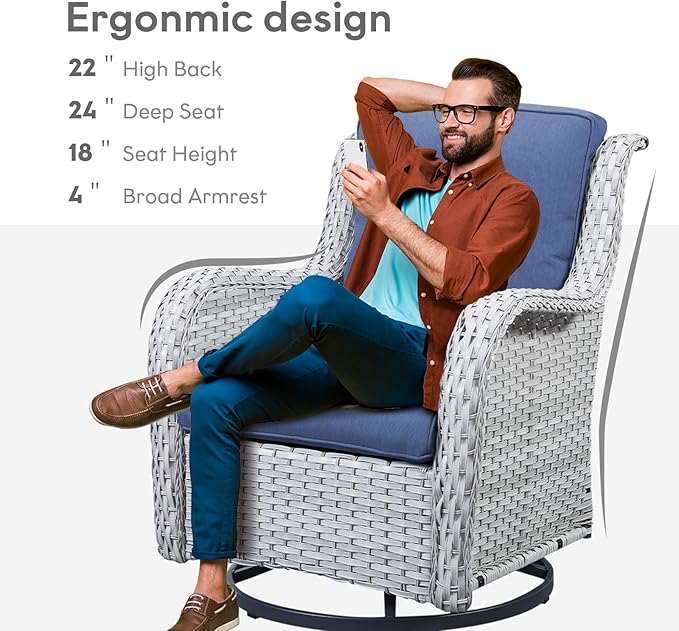 Outdoor Swivel Rcoker Patio Chairs - Outdoor Swivel Patio Chairs Set of 2 Wicker Chair Patio Furniture Sets with Covered Cushion for Porch Deck Balcony Garden, Blue Cushion