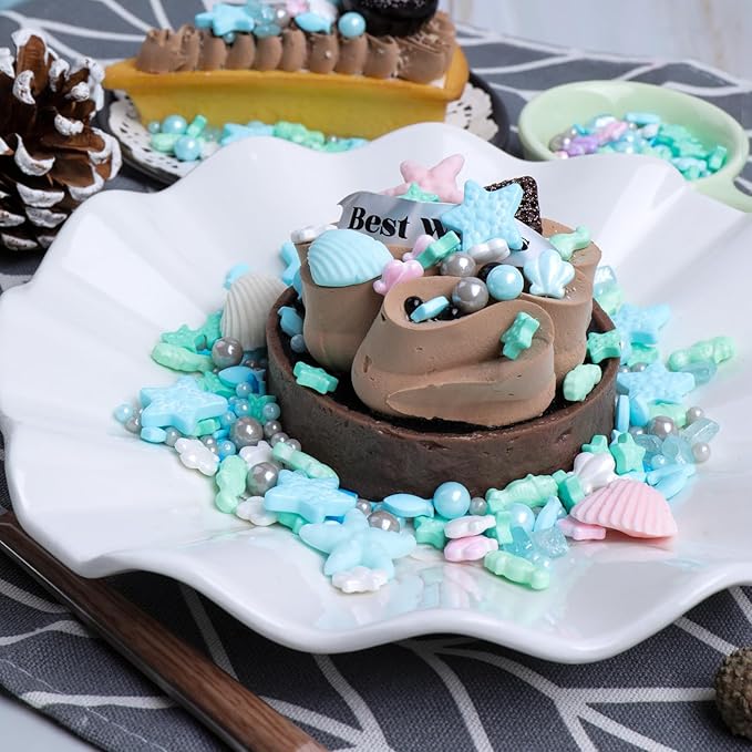 Ocean Sprinkles for Cake Decorating, Shell, Seahorse, Starfish, Fish & Pearl Sugar Mix for Cupcakes Cookies and Ice Cream Toppings