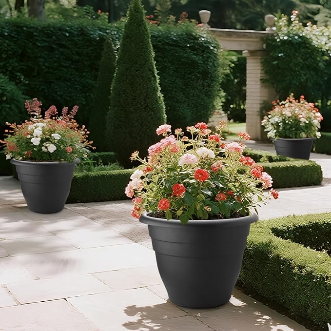 3-Pack 20 Inch Large Plastic Plant Pots for Outdoor, Heavy Duty Extra Large Deep Garden Planter with Drainage Holes, Sturdy Textured Black Flower Pot for Trees, Shrubs, Patio, Lawn