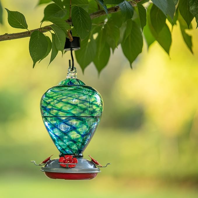 2 Packs Hummingbird Feeder for Outdoors Hanging Ant and Bee Proof, 34OZ 32OZ Hand Blown Glass Hummingbird Feeders for Outside (Blue & Flame)