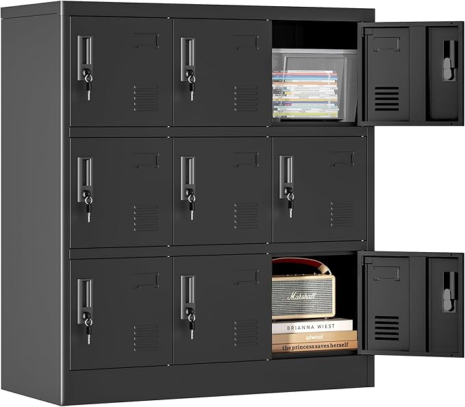 9 Doors Metal Lockers for Employees, Steel Storage Locker with Lock and Card Slot, Employee Lockers for Home, Office, School, Gym, Require Assembly(Black)