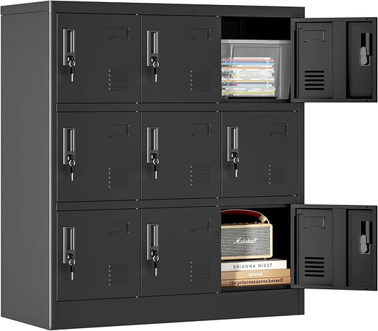 9 Doors Metal Lockers for Employees, Steel Storage Locker with Lock and Card Slot, Employee Lockers for Home, Office, School, Gym, Require Assembly(Black)