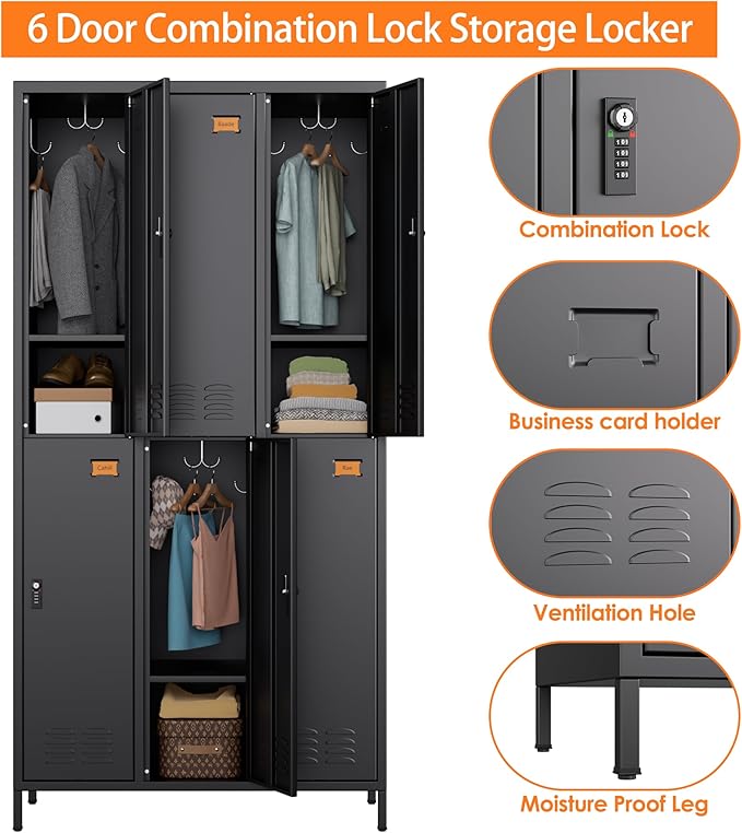 6 Doors Metal Lockers for Employees with Combination Locks and 6 Shelves, Storage Locker with 18 Hooks and Business Card Holder for Office Gym School Bedroom, Assembly Required, Black