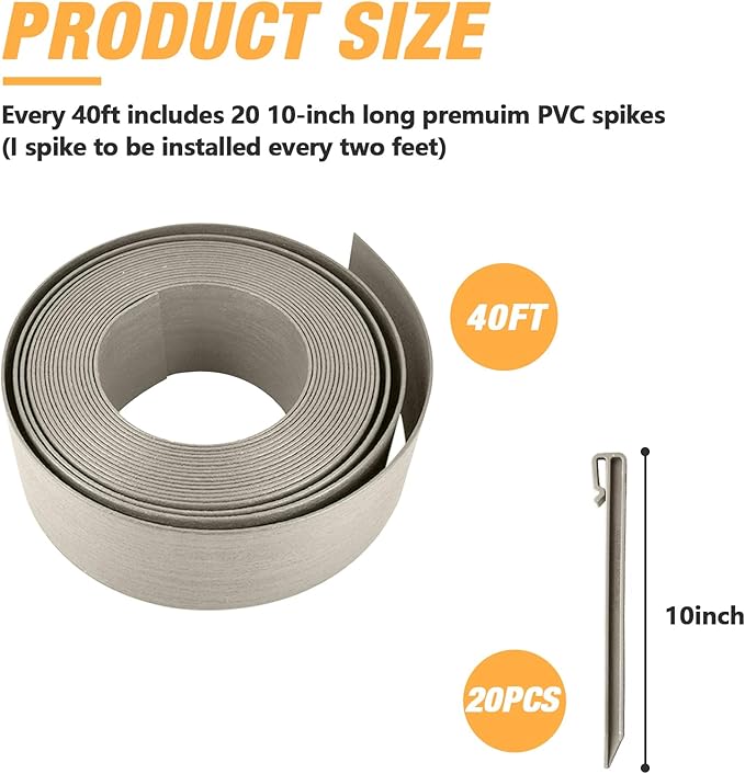 Landscape Edging Kit, Include 4 Inch High 40 Feet Length Terrace Board, 20 Durable Spikes, Edging Pruning Shear, Rubber Mallet Hammer, Gray