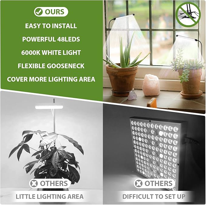 Juhefa Grow Light for Indoor Plants Growing, 6000K Full Spectrum Gooseneck Plant Lamp for Seedings Succulents Small Plants, Auto On/Off Timing & 5 Dimming, 2-Pack