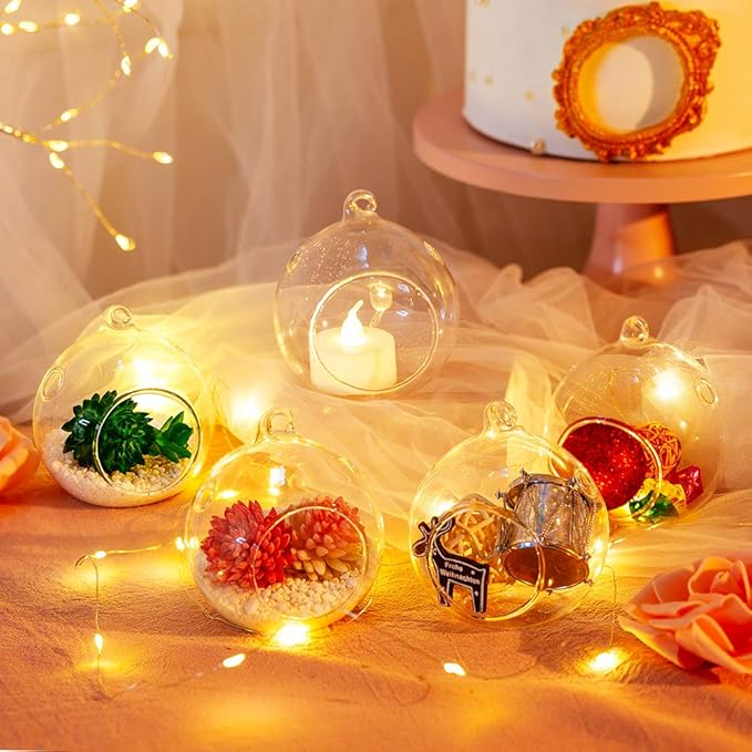 Nuptio 8 Pcs 3.15"/ 8cm Hanging Glass Tealight Holder Globe Plant Terrariums Glass Orbs Air Plants Tea Light Candle Holders Home Decor Indoor Outdoor Garden (with 2 Holes, 6 Pcs + 2 Pcs)