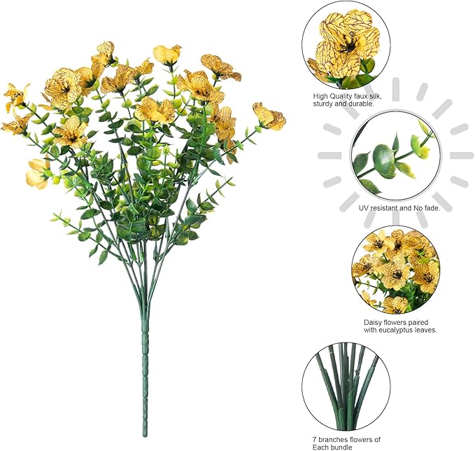 Artificial Fall Flowers Faux Mums for Outdoor Indoor Garden Home Decoration, Faux Flower Daisy with Eucalyptus Leaves Fake Mums Plants Greenery Boxwood Porch Patio, 12 Bundles (OrangeYellow)