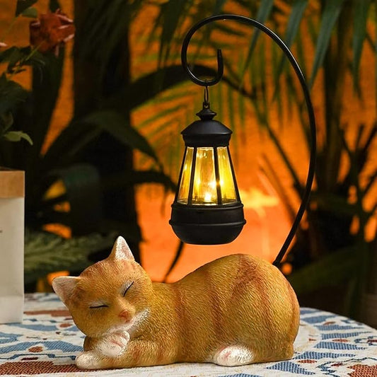 Cat Solar Garden Decor Outdoor Statues, Cat Figurine Decoration with Solar Lights Lantern, Garden Outdooe Cat Statue Decor Art for Patio, Lawn, Yard, Unique Housewarming Gift for Cat Lover and Mom