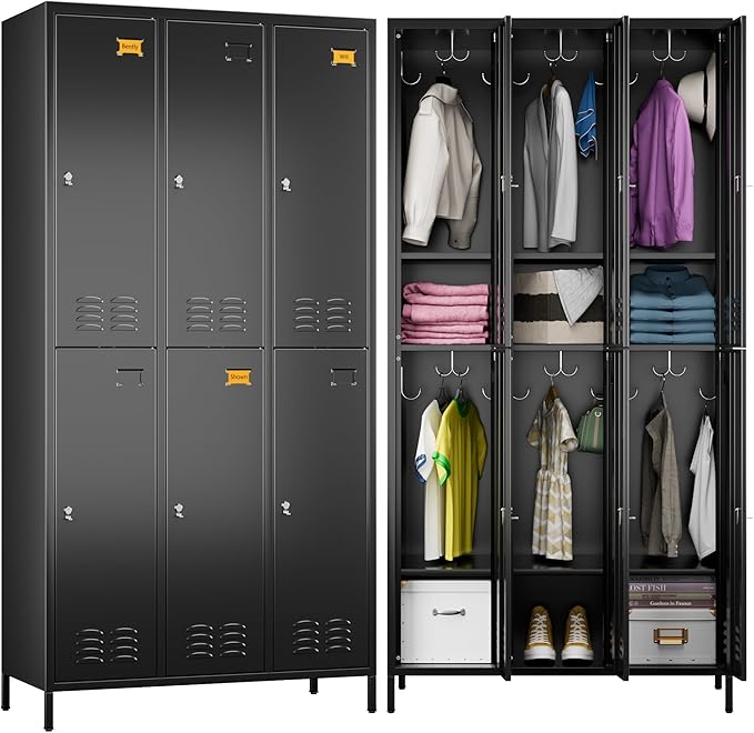 METAN Metal Locker for School Office Gym Bedroom,6 Doors Steel Storage Lockers Cabinet for Employees,Industrial Storage with 1 Shelf,Assembly Required,Black