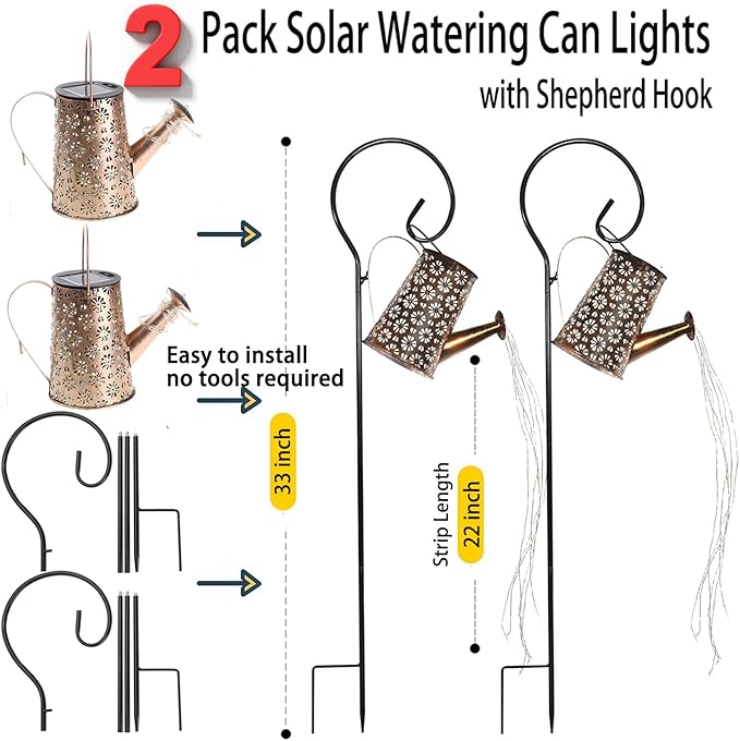 2 Pack Solar Watering Can Lights with Shepherd Hook, 8 Multi-Color Changing Modes, IP65 Waterproof, 60pcs String Lights for Outdoor Garden Pathway Lawn Patio Deck Walkway Courtyard