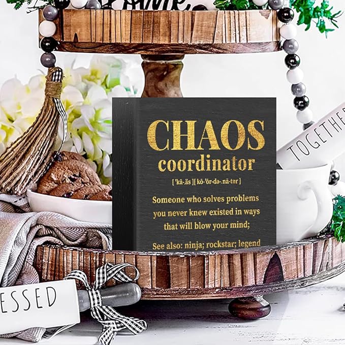 Chaos Coordinator Gifts Office Decor Wooden Box Sign, Administrative Professional Day Gifts Thank You Gifts for Boss Coworker Nurse Decorative Office Desk Accessories Table Shelf Plaque Sign, Black