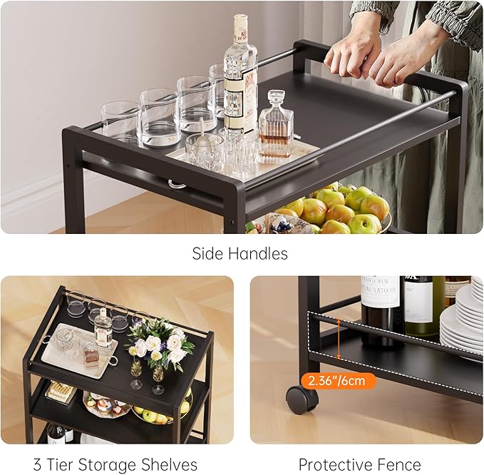 HITNET Bar Cart Black, Serving Cart for Home, 3 Tier Drinks Cart with Wheels, Rolling Beverage Cart for Kitchen Dining Living Room