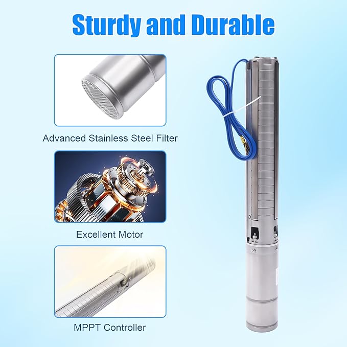 4 Inch Solar Water Pumps 1500W Stainless Steel Deep Well Submersible Pump with MPPT Controller, Solar Well Pump Kit Deep Well Water Pumps for Irrigation, Home, Industrial