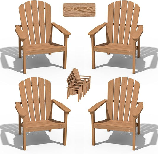 Stackable Adirondack Chair Set of 4, HDPE Outdoor Patio Chair - Durable and Space Saving, Suitable for Porches, Lawns or Garden, Teak