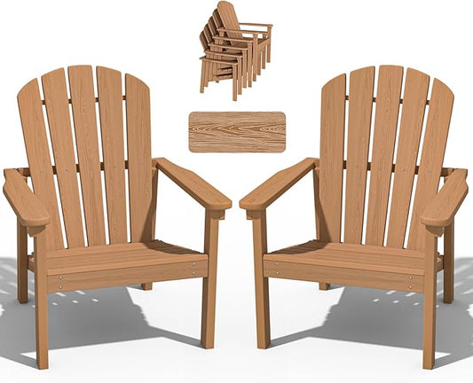 Stackable Adirondack Chair Set of 2, HDPE Outdoor Patio Chair - Durable and Space Saving, Suitable for Porches, Lawns or Garden, Teak