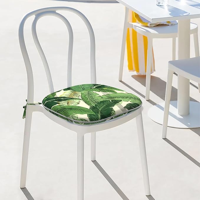 Indoor/Outdoor Chair Cushions 16x17 Inch, Patio Chair Cushions with Ties, All Weather Seat Cushions for Patio Furniture Home Garden Chair Use, Set of 2, Swaying Palms Green