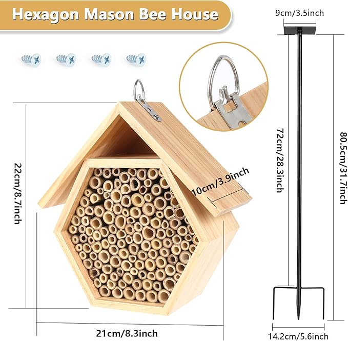 Mason Bee House for Garden, Natural Wooden Bee Habitat with Metal Ground Stake, Attracts Pollinators, Improve Garden Productivity, Outdoor Decoration