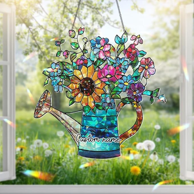 Sunflower Watering Can Suncatcher – Stained Glass Floral Ornament, Window Hanging Sun Catchers for Kitchen, Garden and Home Christmas Decoration