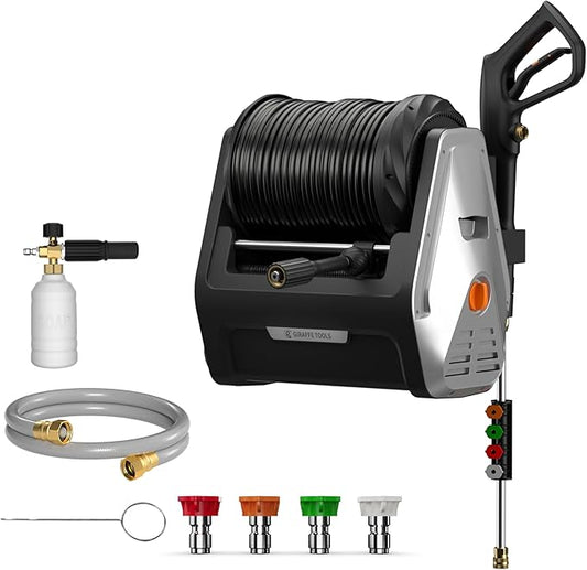 Giraffe Tools Wall Mounted Pressure Washer G30 with Upgraded 1800W Motor, Max 2900 PSI, 2.2 GPM Electric Power Washer with 100ft Retractable Black Pressure Hose, Automatic Rewind, Light Silver
