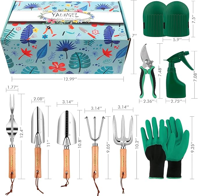 YAUNGEL Gardening Tools - 10 Pcs Garden Tool Set Heavy Duty Stainless Steel Garden Supplies Hand Tools with Wooden Handle, Storage Tote Bag, Gardening Gifts for Women and Men