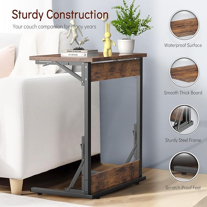 Tatub 24" Folding C Shaped End Table Set of 4, Small Sofa Side Laptop Desk, Couch TV Tray Table for Living Room, Bedroom, Rustic Brown