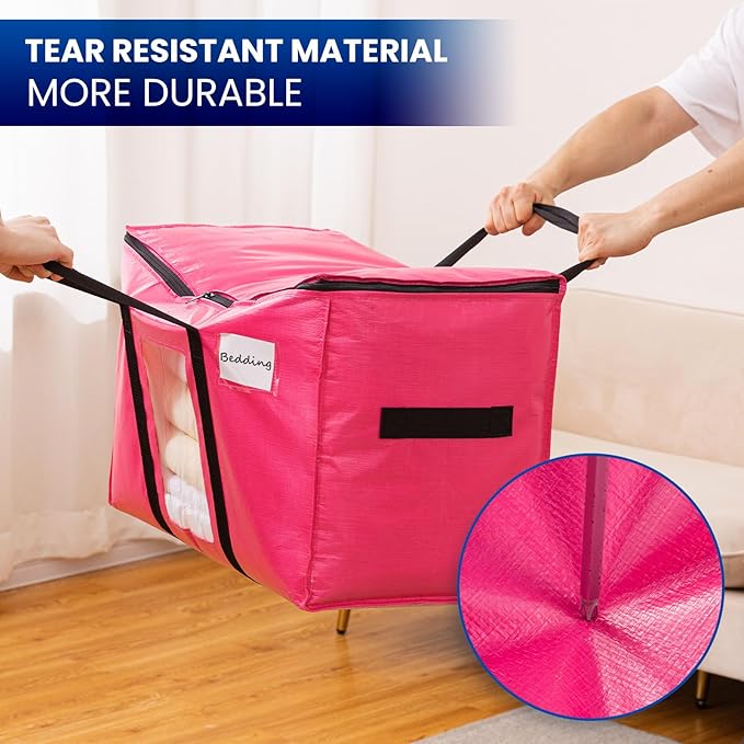 TAILI 2 Pack Pink Extra Large Moving Bags, Heavy Duty Totes with Visible Window, Wrap Around Handles, Space-Saving Storage, Alternative to Moving Boxes