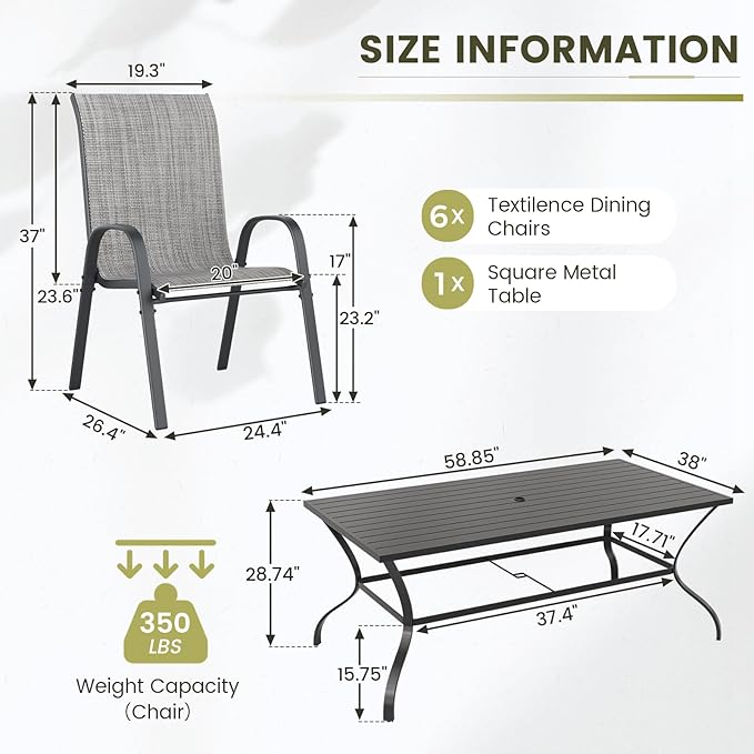 UDPATIO Patio Dining Set of 7, Outdoor Table and Chairs Set with Square Metal Table, 6 Stackable Patio Chairs with High Back, Outdoor Furniture for Deck Garden Backyard Lawn Poolside (Light Grey)