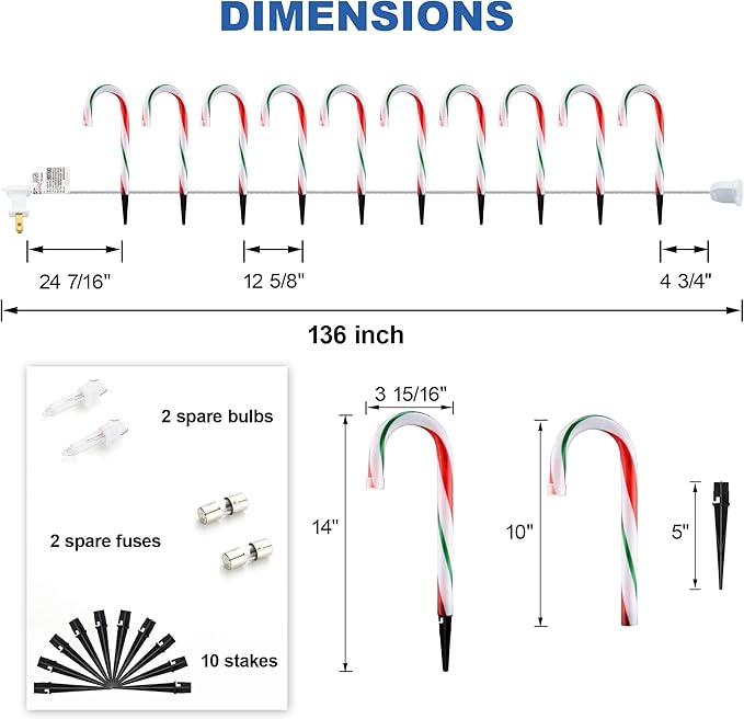 10" Christmas Candy Cane Lights - Set of 10 Pathway Markers Christmas Outdoor Yard Decorations, Xmas Candy Canes Stake Lights for Lawn Walkway Garden, Xmas Party Indoor Ornaments