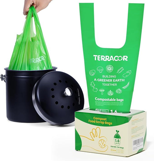 1.6 Gallon Compostable Food Scrap Bags Handle Tie for Kitchen Countertop Bin, 6 Liter Small Compost Bags, 50 Count, BPI Certified and Meet The ASTM D6400 Standard