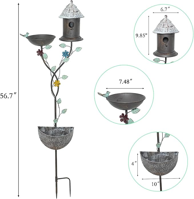 56.7” H Bird Baths for Outdoors, Metal Bird Bath Bird House and Planter Pot 3-in-1 Design, Birdbath and Bird Houses with Pole Stand for Outside Garden Yard Decor