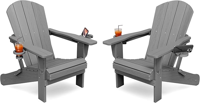KINGYES Folding Adirondack Chair Set of 2, Dual Cup Holders & All-Weather HDPE, Wood-Like Patio Chair for Backyard, Camping, Pool & Fire Pit, Grey